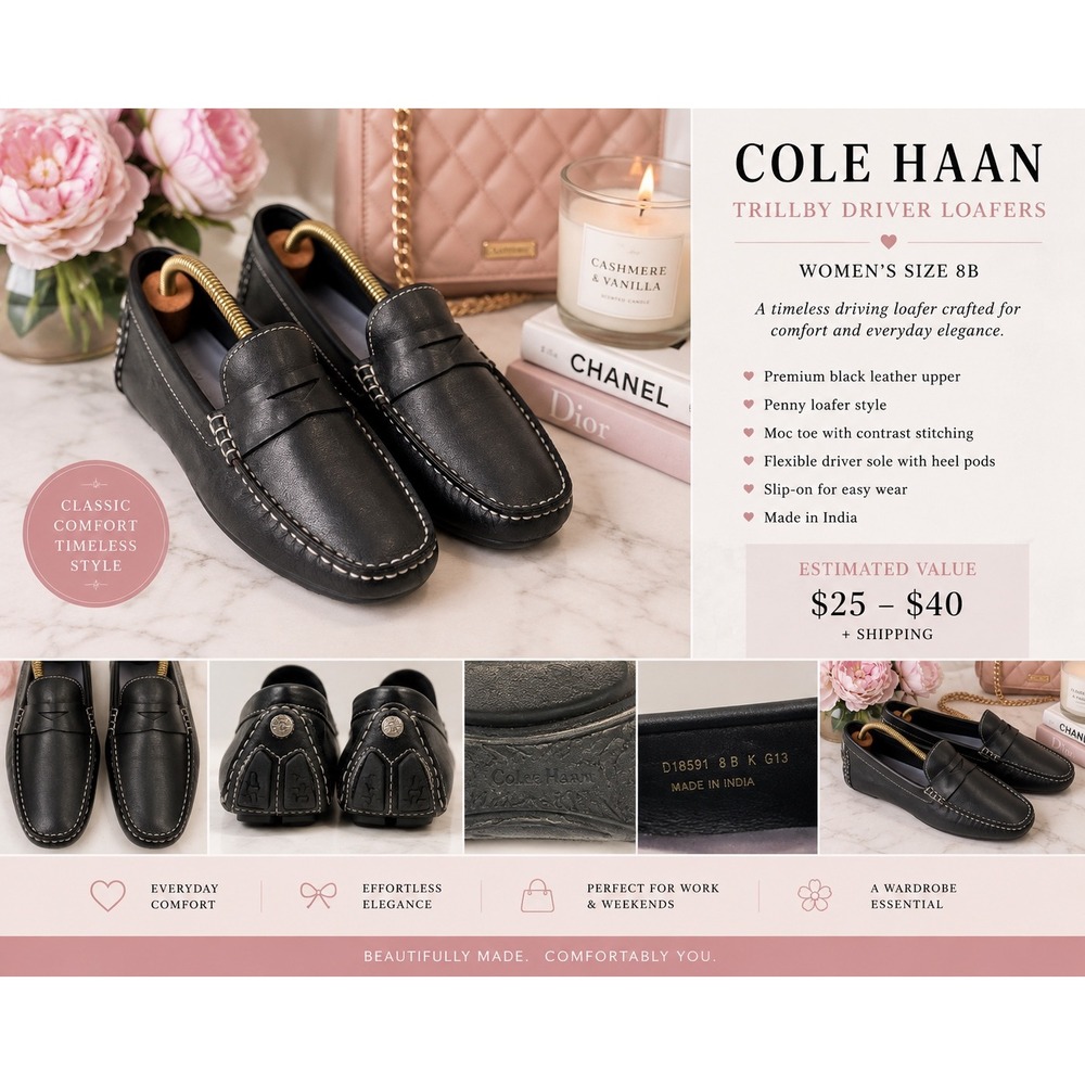 Cole Haan Trillby Women's Black Leather Penny Driver Loafers Size 8B D18591